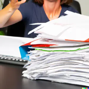 Dall·e 2023 02 08 09.43.07 eine frau die verzweifelt ihre unterlagen auf dem tisch in ordner heftet, im hintergrund ein büroraum